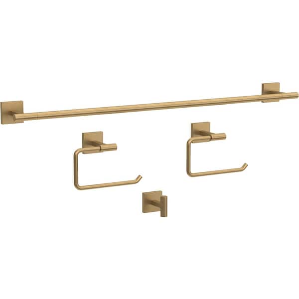 Franklin Brass Nash 4-Piece Bath Hardware Set 18 in. Towel Bar with Extender, Toilet Paper Holder Towel Holder Towel Hook in Satin Gold