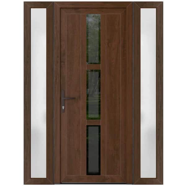 60 in. x 80 in. Right-hand/Inswing Frosted Glass Walnut Steel Prehung Front Door with Hardware