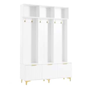 Modern Large Storage Hall Tree with Bench, High Gloss Fluted Doors, 6-Gold Hooks and Legs, White/Gold