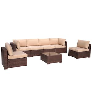 Patiorama Brown 7-Pieces Wicker Outdoor Sectional Set with Tan Cushions