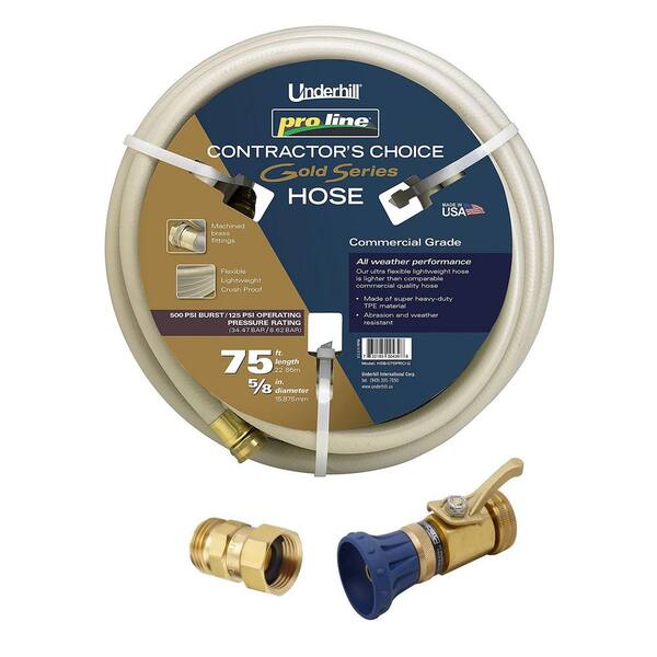 Underhill 0.63 in. Dia x 75 ft. ProLine Gold Series Garden Hose w/Metal Nozzle and Nozzle Adapter