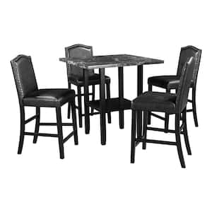 5-Pieces Marble Top Black Kitchen Dining Table Set With 4-Leather Chairs, Kitchen Table Chairs Set for 4-Persons