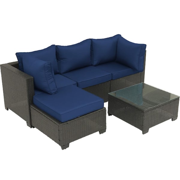 Zeus & Ruta Dark Coffee 5-Piece Wicker Patio Outdoor Sectional Sofa Set with Dark blue Cushions and 1-Coffee Table