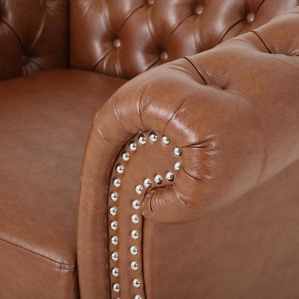 Chesterfield Brown Faux Leather Accent Chair with Birch Wood Legs