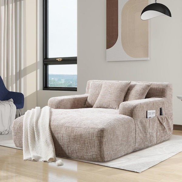 Modern khaki Chenille Upholstery Oversized Chaise Lounge Chair Full Foam Comfy Lazy Sofa Couch with 3 Throw Pillows