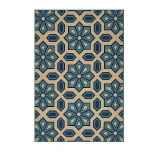 Elvina Ivory and Blue 5 ft. x 8 ft. Geometric Indoor/Outdoor Area Rug