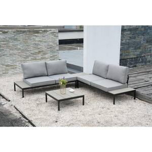 4-Piece Aluminum Outdoor Sectional Set with Grey Cushion and Built-in Side Table