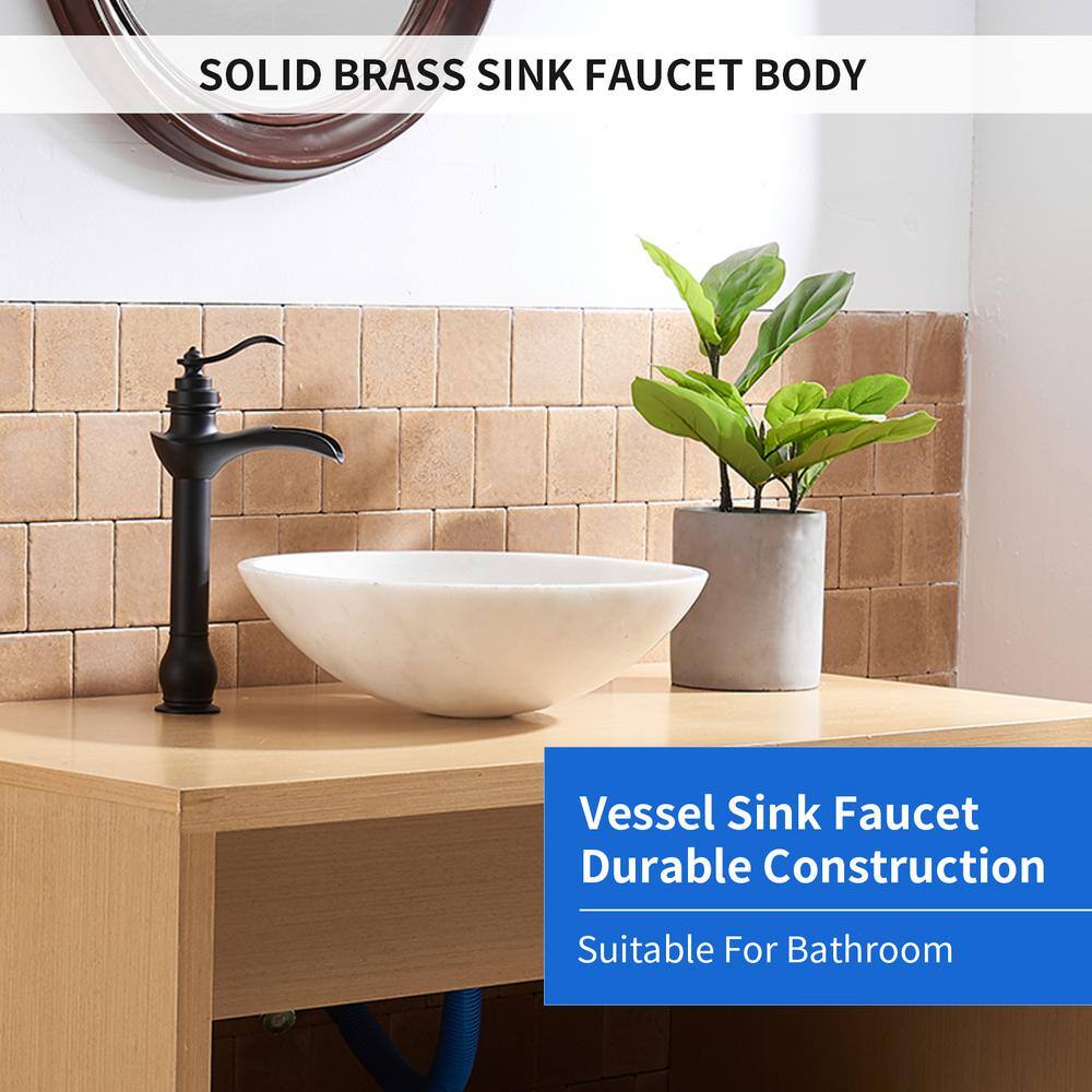 Matte Black Tall Vessel Sink Faucet with Waterfall Spout and Drain Assembly