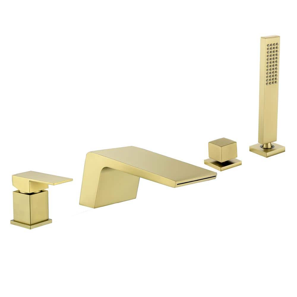 Single-Handle Deck-Mount Roman Tub Faucet with waterfall and Hand Shower in Brushed Gold