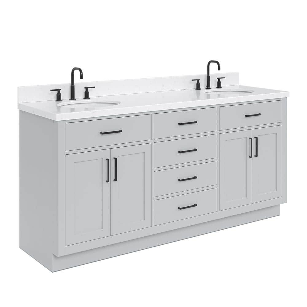 Gray Double Bathroom Vanity with Quartz Top and Storage