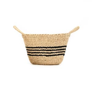 Hand Woven Seagrass and Palm Leaf with Dark Stripes and Handles Medium Basket