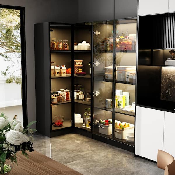 FUFU&GAGA Black Wood 63 in. W Display Cabinet Corner Cabinet FUFU&GAGA Black Wood 63 in. W Display Cabinet Corner Cabinet