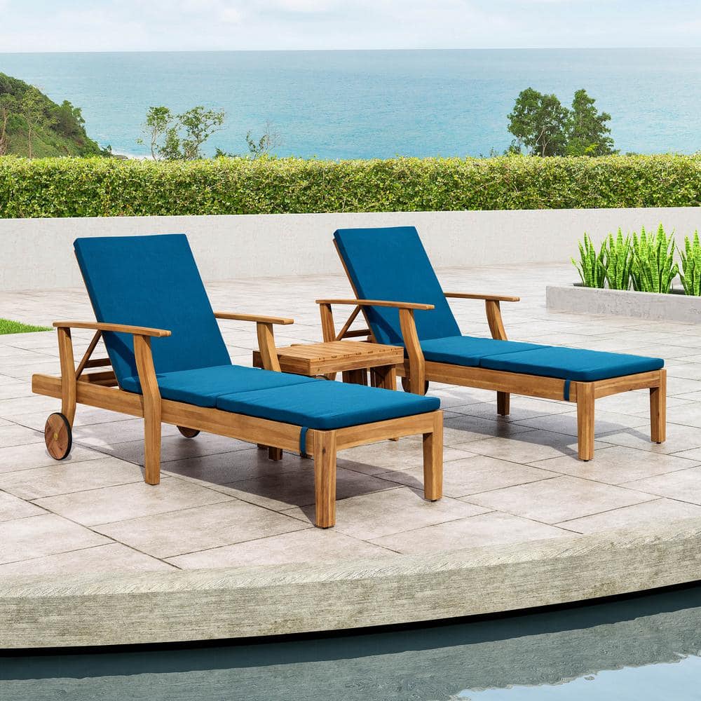 Teak Brown and Blue 5-Piece Outdoor Chaise Lounge Set
