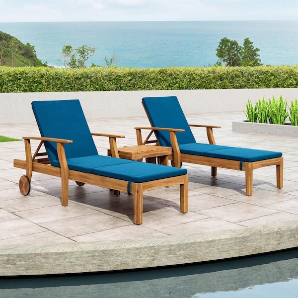 Noble House Perla Teak Brown 5-Piece Wood Patio Conversation Seating Set with Blue Cushions