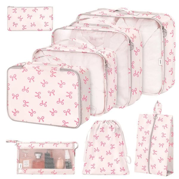 8-Set Packing Cubes for Suitcases, Travel Essentials Organization with Shoe and Cosmetics Bags, Clothing Storage, Pink