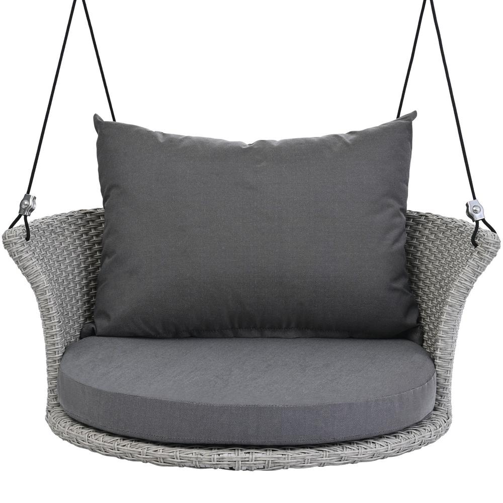 33.8 in. W Wicker Single Person Hanging Seat Rattan Woven Swing Chair Porch Swing with Ropes Gray Wicker Gray Cushion -  Runesay, WICKSWING-L2