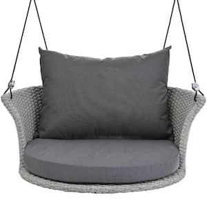 33.8 in. W Wicker Single Person Hanging Seat Rattan Woven Swing Chair Porch Swing with Ropes Gray Wicker Gray Cushion