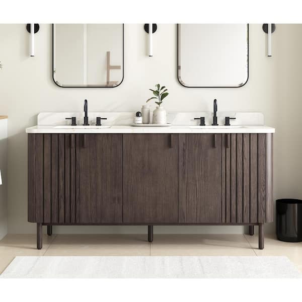 Avanity Blakely 73 in. Double Sink Brown Oak Bath Vanity with Calacatta White Quartz Top