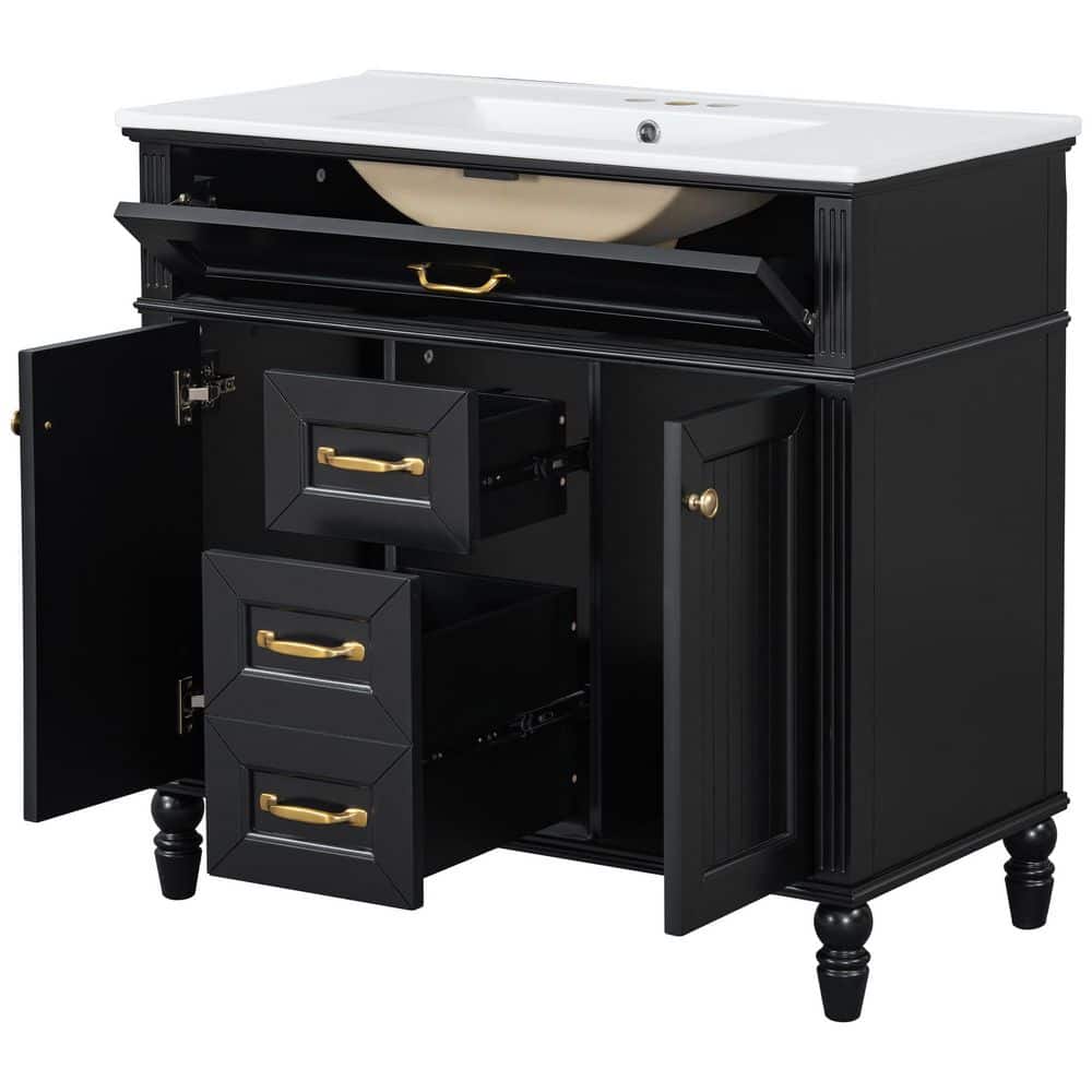 36 in. W Single Sink Freestanding Black Bath Vanity with White Ceramic Top and Drawers, Unassembled price history on PriceWatchPro