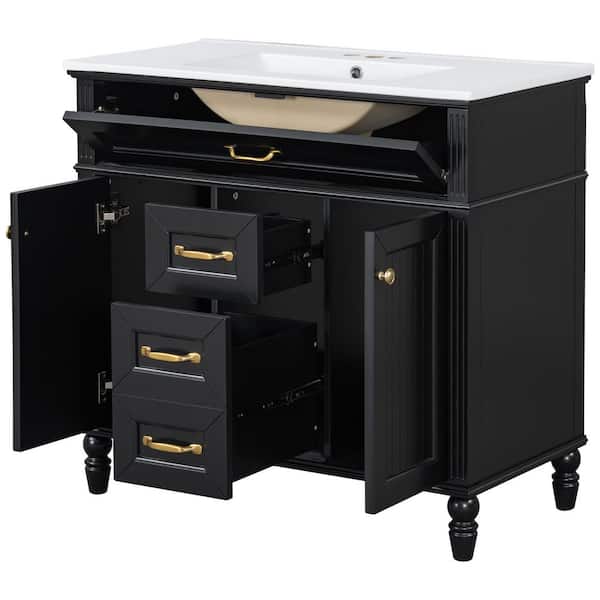 36 in. W Single Sink Freestanding Black Bath Vanity with White Ceramic Top and Drawers, Unassembled