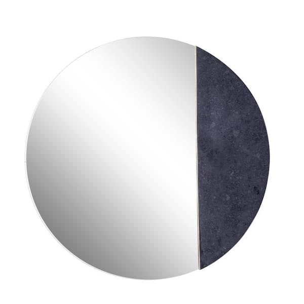 Litton Lane 28 in. x 28 in. Round Frameless Black Wall Mirror with Marble Accent