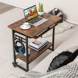 31.5 in. Rectangular Brown Wood Computer Desk Rolling Laptop Cart Writing Workstation with Keyboard Tray