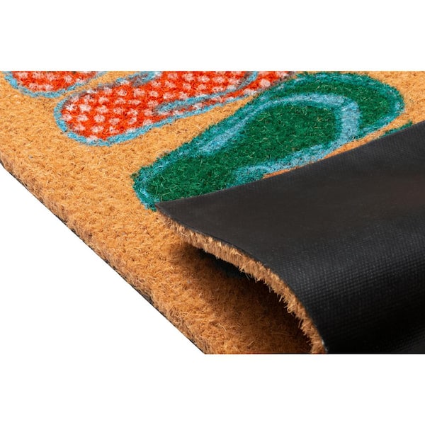 Peace Love and Flip Flops Teal/Orange/Natural 18 in. x 28 in. Coir Door Mat