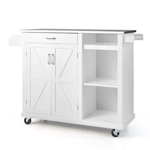 White Wood 18 in. 2-Door Rolling Kitchen Island Cart with Stainless Steel Top and Wine Storage Shelf