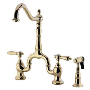 Heirloom Double-Handle Deck Mount Bridge Kitchen Faucet with Brass Sprayer in Polished Brass