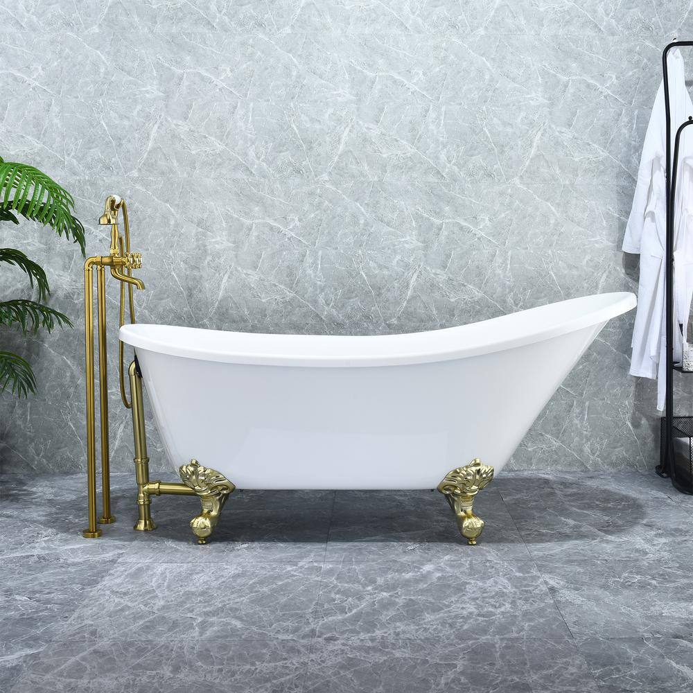 Fandi 64" White Acrylic Clawfoot Soaking Bathtub with Brass Feet