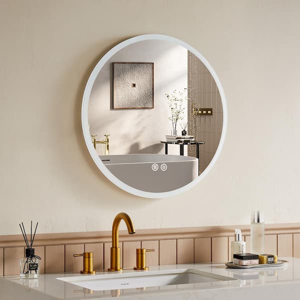 HOROW Luminous 24 in. W x 24 in. H Round Frameless 3 Colors LED Mirror Dimmable Anti-Fog Wall-Mounted Bathroom Vanity Mirror
