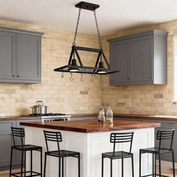 Avex 2-Light Black Pendant Light Kitchen Pot Rack Light with Cage Shade, No Bulbs Included