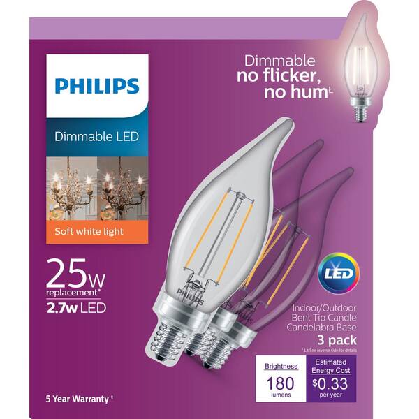 Desperat Tilføj til mål Philips 25-Watt Equivalent B11 Dimmable Edison Glass LED Candle Light Bulb  Bent Tip Candelabra Base Soft White (2700K) 477802 - The Home Depot