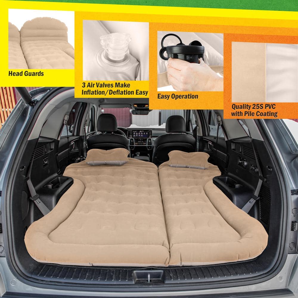 Beige Inflatable Car Air Mattress with Pump and Pillows