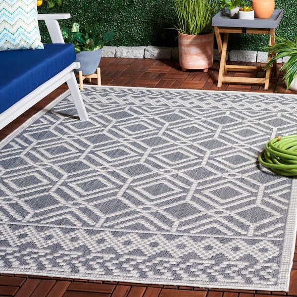 Bermuda Navy/Ivory 7 ft. x 7 ft. Border Geometric Diamond Square Indoor/Outdoor Area Rug