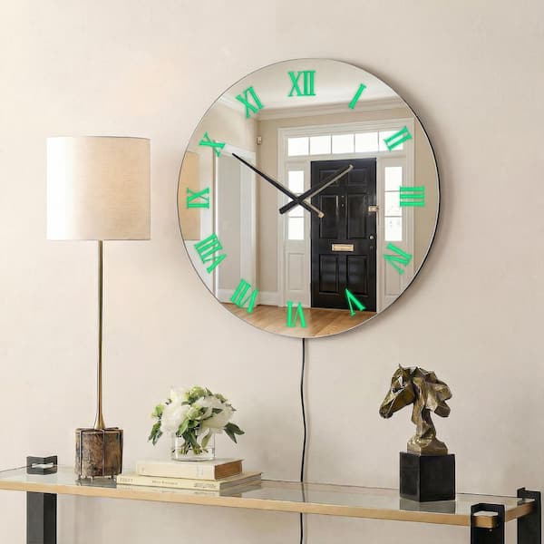 THKSHOUZ Silver 27.6 in. Round Frameless Glass Mirror Wall Clock