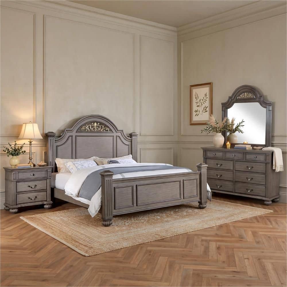 Recus 4-Peice Gray, Gold and Brass Wood Queen Bedroom Set