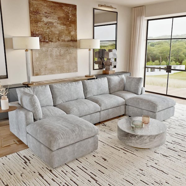 100 in. Square Arm 6-Piece Chenille U-Shaped Modualr Sectional Sofa with Washable Cover, Ottoman in Gray for Living Room