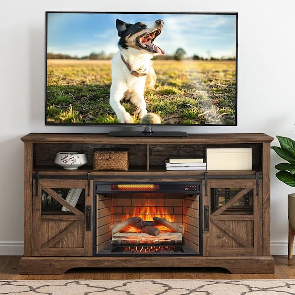 60 in. Freestanding Wooden Electric Fireplace TV Stand with Door Sensor in Reclaimed Barnwood Fits TVs up to 70 in.