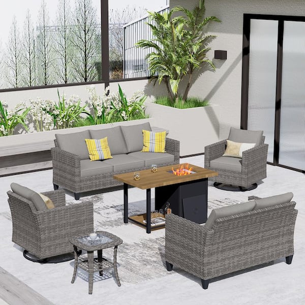 OVIOS New Vultros Gray 6-Piece Outdoor Patio Fire Pit Table Conversation Set with Dark Gray Cushions and Swivel Rocking Chairs