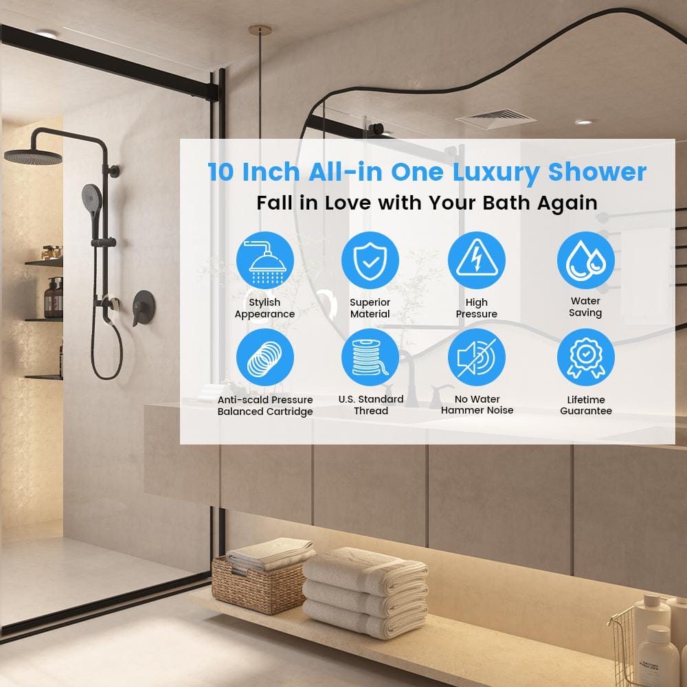10-Inch Black Round Handheld Rain Shower System with Adjustable Height
