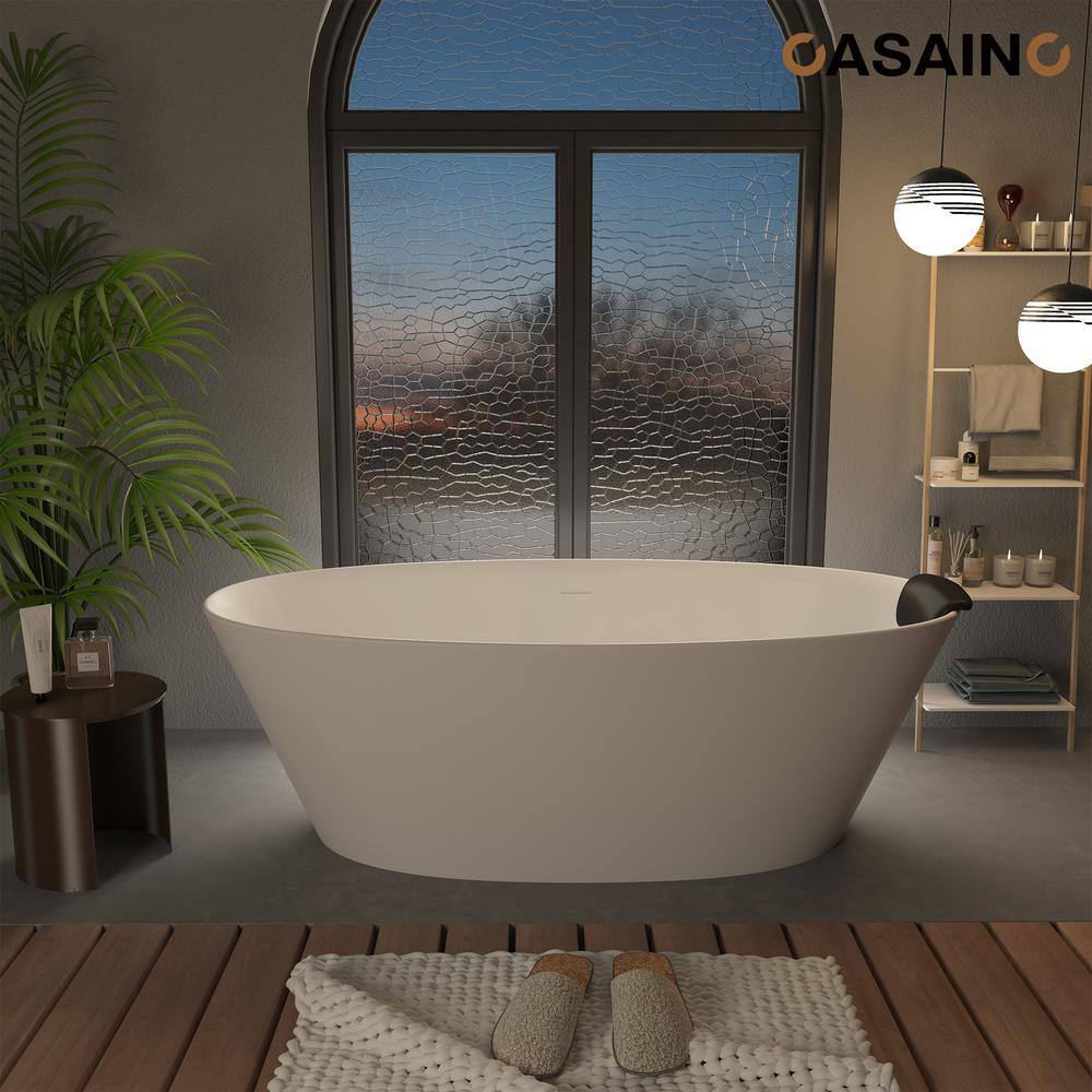 67" Matte White Freestanding Solid Surface Resin Bathtub with Black Pillow