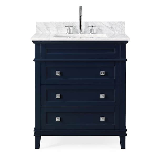 Benton Collection Felix 30 in. W x 22 in. D x 35 in. H Bathroom Vanity in Navy Blue Color with Carrara Top