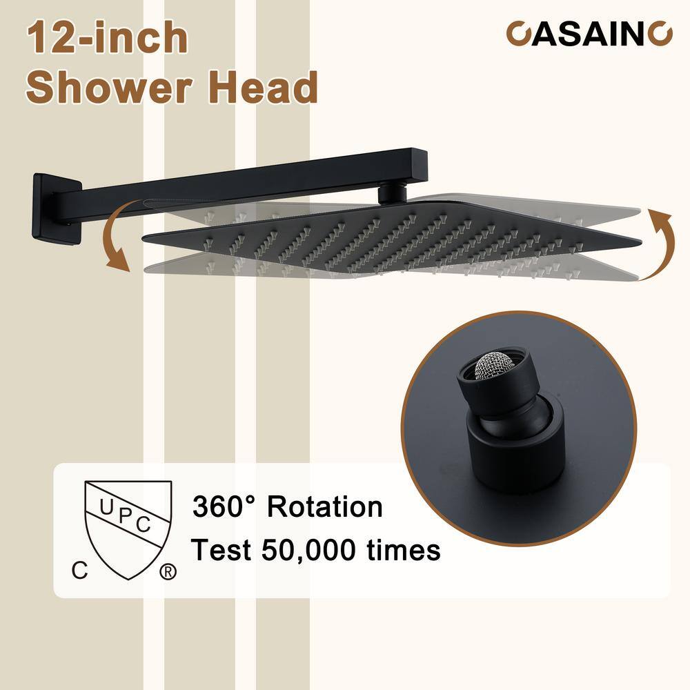 Matte Black 12-Inch Wall Mount Shower System with 6 Body Jets