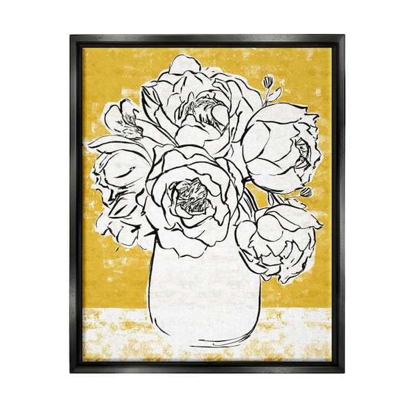 The Stupell Home Decor Collection Peony Sketch Bouquet Contrasted Distressed Yellow by Annie Warren Floater Frame Nature Wall Art Print 17 in. x 21 in.