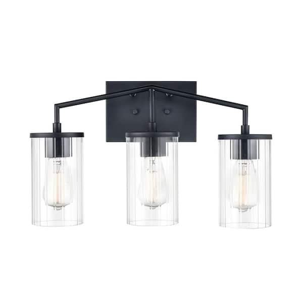 Beverlly 20 in. 3-Light Matte Black Vanity Light with Clear Beveled Glass