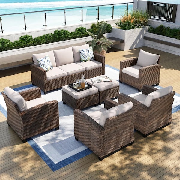 PHI VILLA Brown Rattan Wicker 9 Seat 7-Piece Steel Patio Outdoor Sectional Set with Beige Cushions and 2 Ottomans