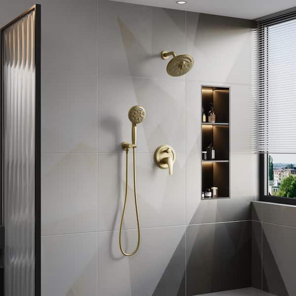 2-Spray Patterns with 2.5 GPM 8 in. Wall Mount Dual Shower Heads with Hand Shower in Brushed Gold