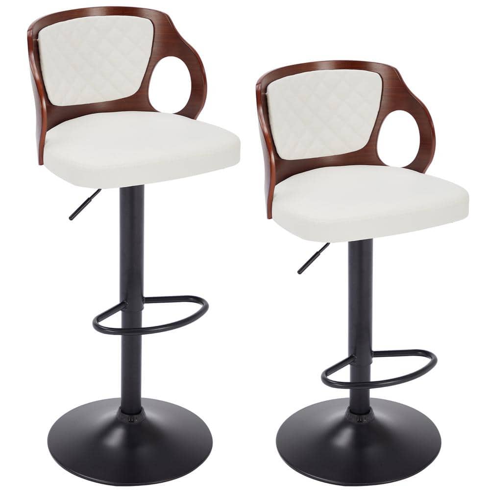 Adjustable White Faux Leather Swivel Bar Stools with Arms