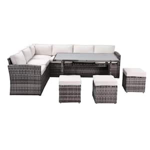 7-Piece PE Wicker Outdoor Patio Furniture Sectional Sofa Set with Footstool with Cushion Beige